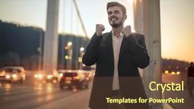  Presentation with bridge the gap - PPT theme featuring man street - guy being happy near background and a tawny brown colored foreground