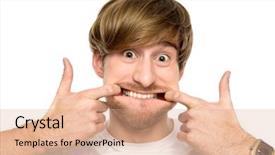  Presentation with stretching - Colorful slides enhanced with man stretching his mouth backdrop and a coral colored foreground