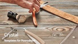  Presentation with razor - Audience pleasing slides consisting of man stropping straight razor with leather tool against old wooden background backdrop and a coral colored foreground
