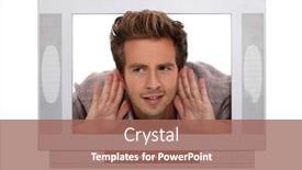  Presentation with hear - Slide set consisting of man stuck in a television screen and struggling to hear background and a coral colored foreground