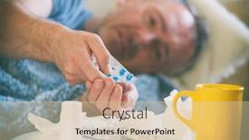  Presentation with medicines - PPT theme having man suffering from flu background and a lemonade colored foreground