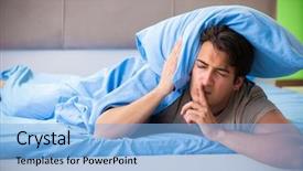  Presentation with insomnia - Audience pleasing presentation theme consisting of man suffering from sleeping disorder backdrop and a light blue colored foreground
