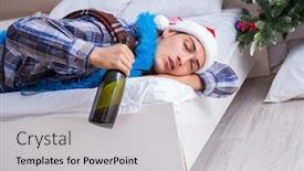  Presentation with christmas party - Audience pleasing slides consisting of man-suffering-hangover-after-christmas backdrop and a light gray colored foreground