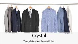  Presentation with wooden - Amazing PPT theme having man suit shirts with ties on wooden hangers backdrop and a white colored foreground