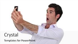  Presentation with phone - Cool new PPT theme with man surprised watching his mobile backdrop and a  colored foreground