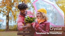  Presentation with joy - Cool new PPT layouts with man surprising his wife with a bouquet of flowers on a drizzly fall day to bring joy to her life backdrop and a tawny brown colored foreground