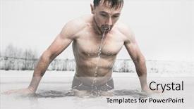  Presentation with man heart attact hand hold - Amazing slide deck having man swimming in the ice backdrop and a  colored foreground
