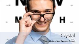  Presentation with exam - Colorful PPT theme enhanced with man taking an eye exam and wearing glasses backdrop and a light blue colored foreground