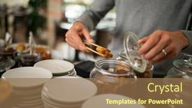  Presentation with breakfast biscuits - PPT theme having man-taking-biscuits background and a coral colored foreground