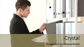  Presentation with archive management - Presentation theme consisting of man taking folder with document background and a coral colored foreground