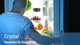  Presentation with refrigerator - Presentation design having man taking food from refrigerator background and a teal colored foreground
