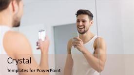  Presentation with bathroom - Amazing PPT layouts having man taking selfie in bathroom backdrop and a coral colored foreground