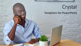  Presentation with black man - Audience pleasing presentation theme consisting of man talking on mobile cell backdrop and a light blue colored foreground