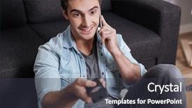  Presentation with man holding phone - Colorful slide deck enhanced with man talking on mobile phone backdrop and a dark gray colored foreground