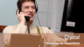  Presentation with help desk - Colorful slides enhanced with help desk support - young man talking backdrop and a coral colored foreground