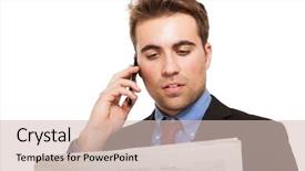  Presentation with talking on phone - Cool new slide deck with man talking on the phone backdrop and a soft green colored foreground
