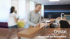  Presentation with office desk reception - PPT layouts with man talking to receptionist background and a violet colored foreground