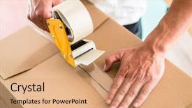  Presentation with case - Audience pleasing slide set consisting of man taping packing case backdrop and a coral colored foreground