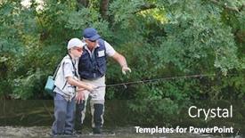  Presentation with fish river - Slide deck having man-teaching-son background and a tawny brown colored foreground