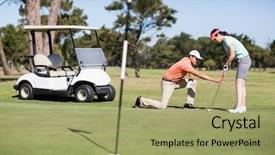  Presentation with kneeling - Audience pleasing presentation consisting of man teaching woman playing golf backdrop and a mint green colored foreground