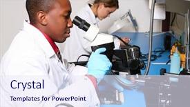  Presentation with lab - Presentation design featuring man technician in the lab background and a sky blue colored foreground