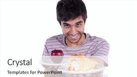  Presentation with eat - Cool new slide set with man thinking what to eat between an apple and a cake isolated on white backdrop and a white colored foreground