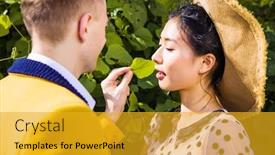  Presentation with green leaf - Audience pleasing PPT theme consisting of man-tickling-womans-nose backdrop and a  colored foreground