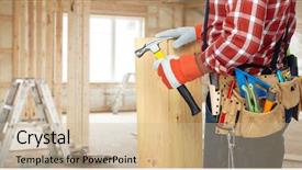  Presentation with old wood planks - PPT layouts featuring man tools - builder with hammer and wooden background and a soft green colored foreground