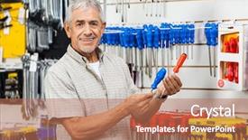  Presentation with hardware - Presentation theme enhanced with man tools - portrait of happy senior customer background and a coral colored foreground