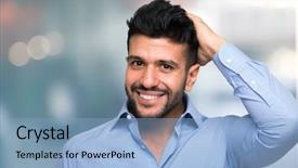  Presentation with hair care - Audience pleasing PPT theme consisting of man touching his hair backdrop and a light blue colored foreground