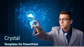  Presentation with hologram - PPT layouts enhanced with man touching hologram projection displaying cloud system background and a navy blue colored foreground