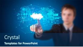  Presentation with information system - Theme enhanced with man touching hologram projection displaying information from cloud based system background and a ocean colored foreground