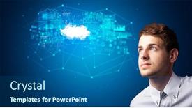  Presentation with cloud based - Cool new PPT theme with man touching hologram projection displaying information from cloud based system backdrop and a ocean colored foreground