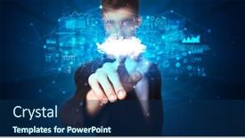  Presentation with cloud based - Presentation theme enhanced with man-touching-hologram-projection-displaying background and a navy blue colored foreground