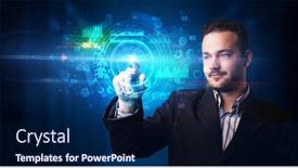  Presentation with medical charts - Presentation having man touching hologram screen displaying medical symbols and charts background and a navy blue colored foreground