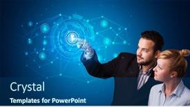  Presentation with hologram - Beautiful presentation theme featuring man touching hologram screen displaying keys and locks backdrop and a ocean colored foreground