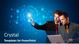  Presentation with hologram - Beautiful theme featuring man touching hologram screen displaying backdrop and a ocean colored foreground