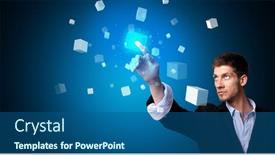  Presentation with displaying - Colorful slide deck enhanced with man touching hologram screen displaying cube symbols backdrop and a ocean colored foreground