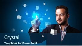  Presentation with hologram - Audience pleasing PPT theme consisting of man touching hologram screen displaying cube symbols backdrop and a ocean colored foreground