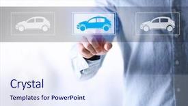  Presentation with sleepy yawning man driving car - Beautiful theme featuring man touching icon of car backdrop and a sky blue colored foreground