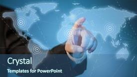  Presentation with virtual hand - Beautiful PPT theme featuring man touching virtual world map backdrop and a ocean colored foreground