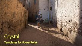  Presentation with old house - Presentation with man-tourist-stands-on-empty background and a tawny brown colored foreground