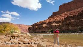  Presentation with boat river - Slide set with man-tourist-with-a-photo background and a coral colored foreground