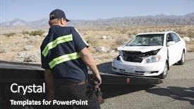  Presentation with towing - PPT theme featuring man towing damaged car away background and a dark gray colored foreground