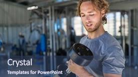  Presentation with lifting weights - PPT theme with man training biceps with free background and a ocean colored foreground
