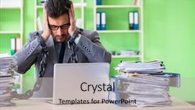  Presentation with workload - Beautiful presentation theme featuring man trap - employee chained to his desk backdrop and a light gray colored foreground