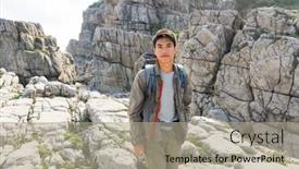  Presentation with adventure - Presentation having man-traveling-with-backpack-hiking background and a mint green colored foreground