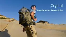  Presentation with active-lifestyle - PPT theme consisting of man-traveling-with-backpack-hiking background and a ocean colored foreground