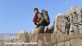  Presentation with adventure - Presentation theme featuring man-traveling-with-backpack-hiking background and a coral colored foreground