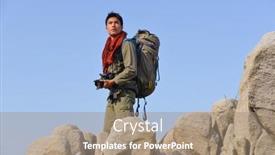  Presentation with adventure - Theme consisting of man-traveling-with-backpack-hiking background and a coral colored foreground